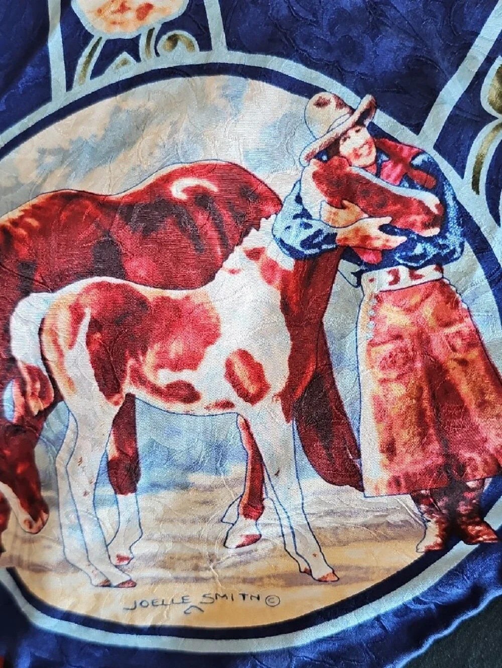 Joelle Smith Equestrian Horse ScNavy Floral & Horse Print Silk-Feel Scarf